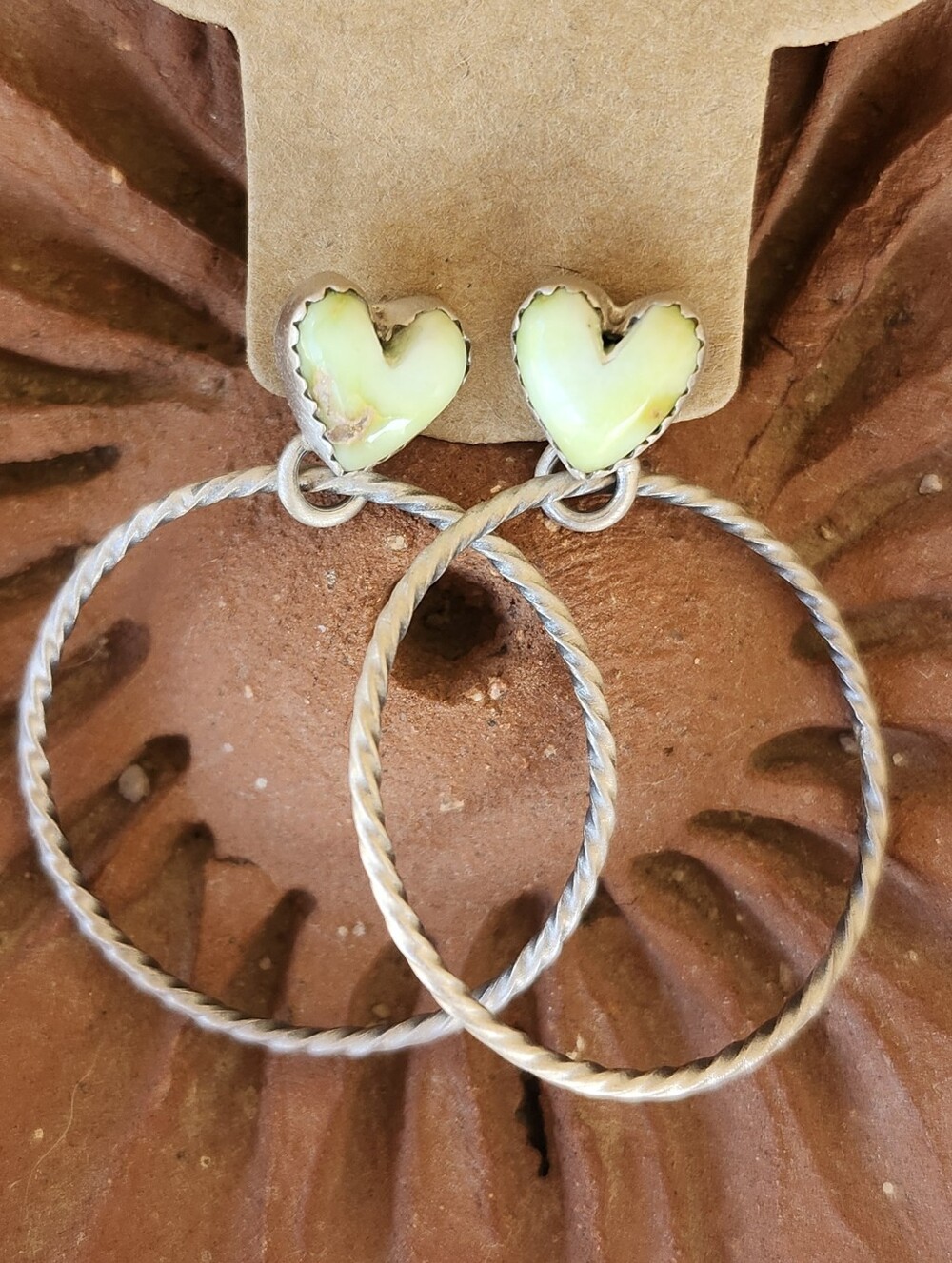 Native American Sterling Silver Palomino Turquoise Heart Hoop Dangle Earrings 💚